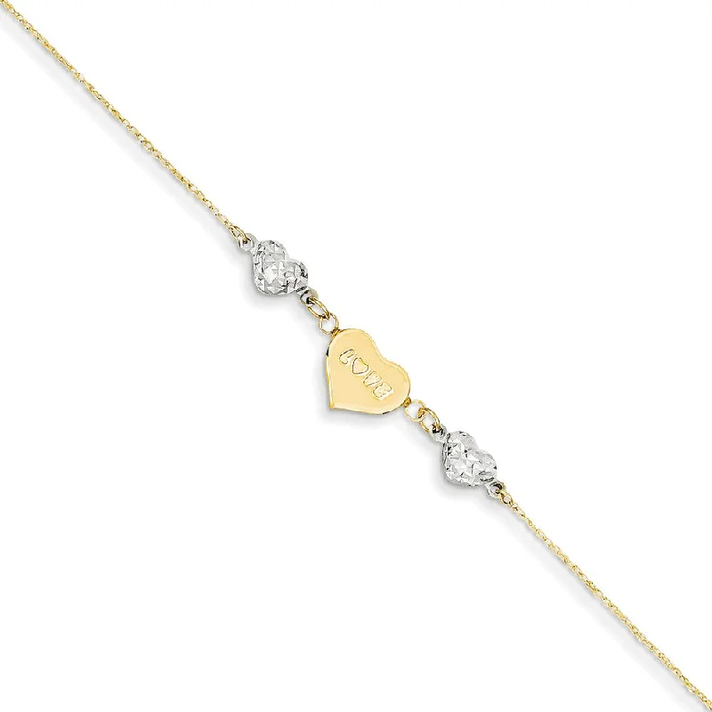 14k Two-Tone Gold Diamond-Cut Puffed and Love Heart Anklet, 9 Inch