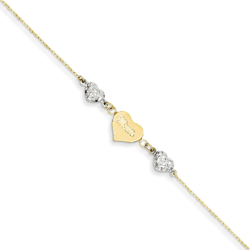 14k Two-Tone Gold Diamond-Cut Puffed and Mom Heart Anklet, 9 Inch