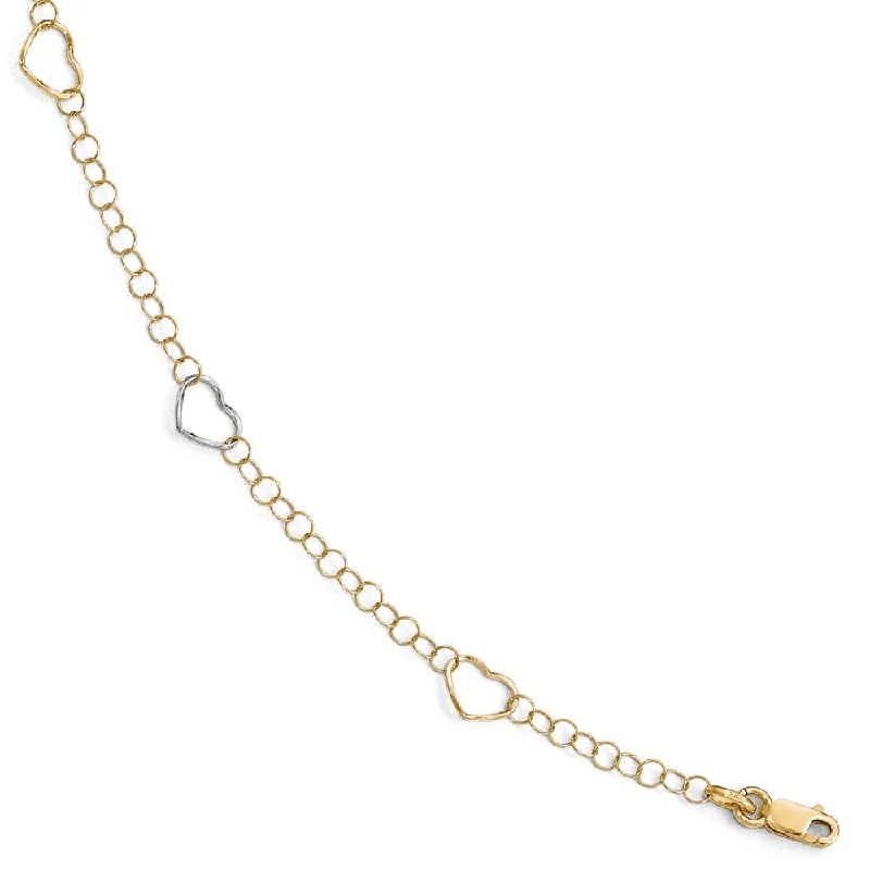 14k Two Tone Gold Open Heart Link Station Anklet, 9-10 Inch