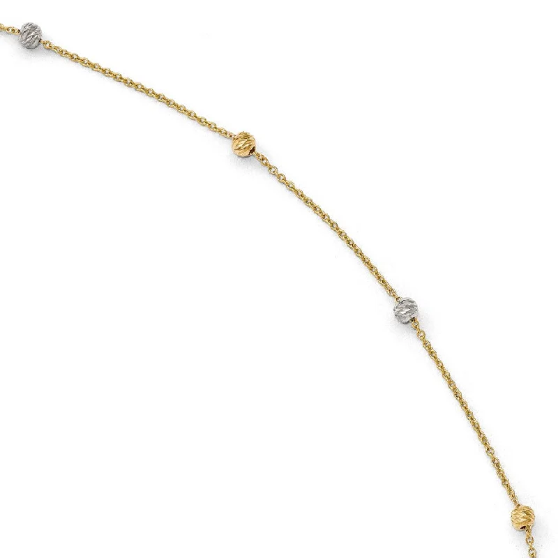 14k Two Tone Gold Polished Cable and D/C Bead Anklet, 9-10 Inch