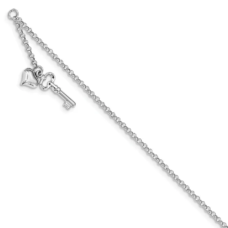 Elegant Jewelry Styles At Budget-Friendly Prices 14k White Gold Puffed Heart And Key Dangle Anklet, 10 Inch