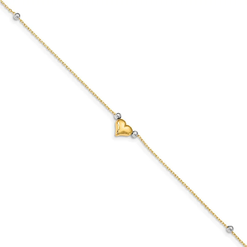 14k Yellow and White Gold Puffed Heart and Bead Anklet, 10 Inch