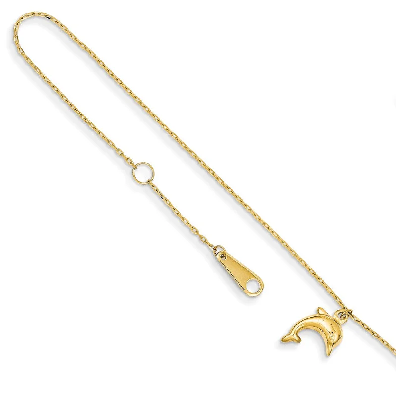 14k Yellow Gold 1mm Cable Chain And Dolphin Charm Anklet, 9-10 Inch