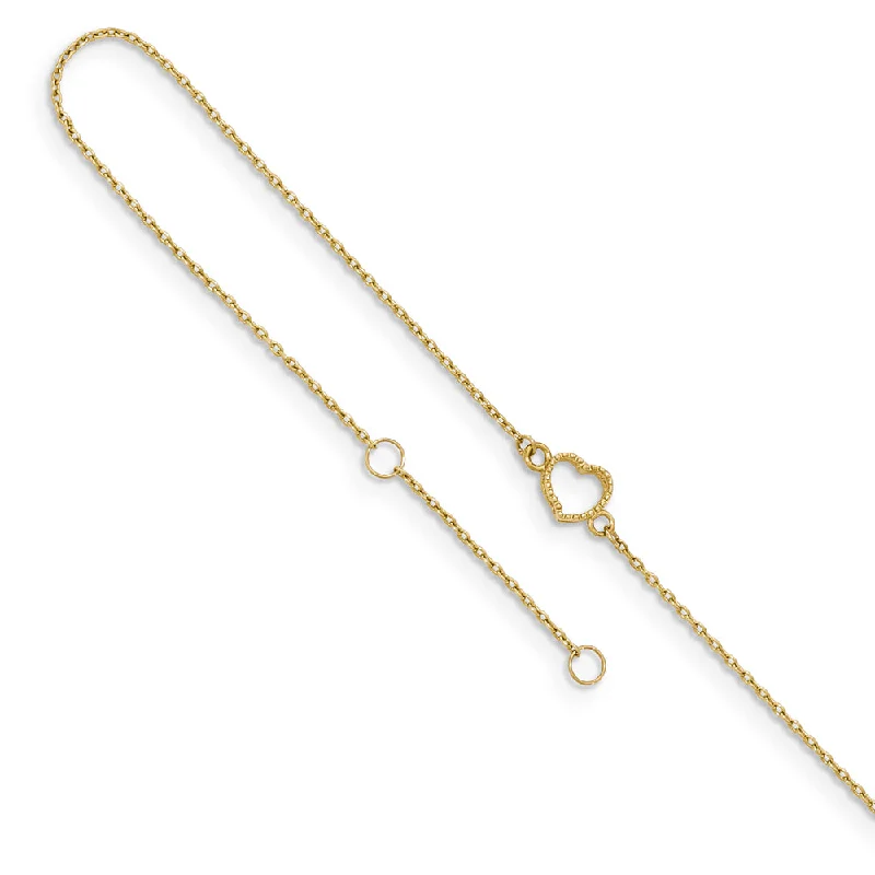 14k Yellow Gold 7mm Open Heart And 0.6mm Cable Chain Anklet, 9-10 Inch