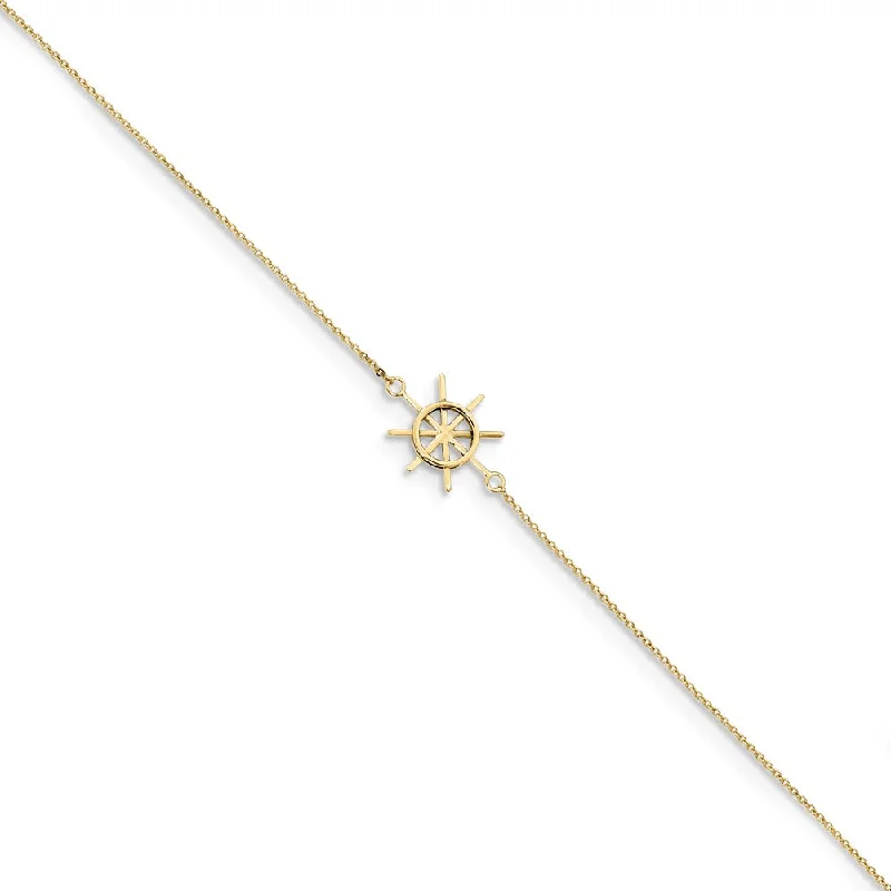 Modern Statement Jewelry For Bold Styling 14k Yellow Gold Captains Wheel and Cable Chain Anklet, 9-10 Inch