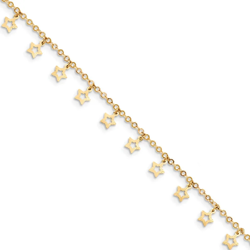 14k Yellow Gold Dangling Stars 1.5mm Cable Chain Anklet, 9-10 Inch