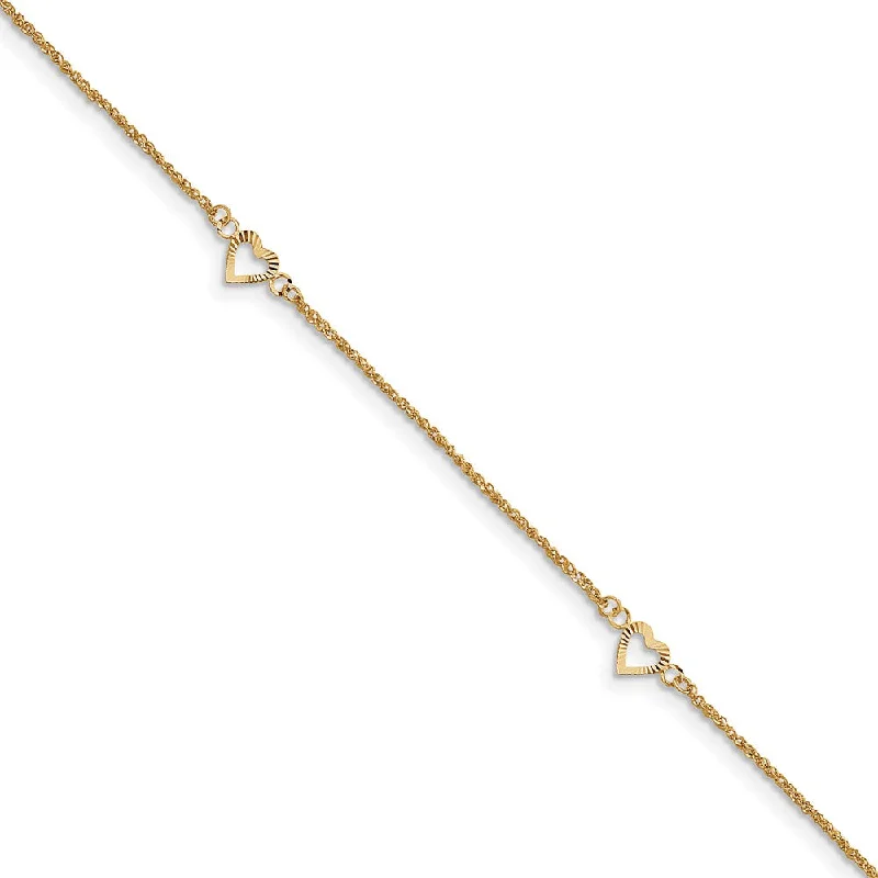 14k Yellow Gold Diamond-cut Hearts Anklet, 9-10 Inch