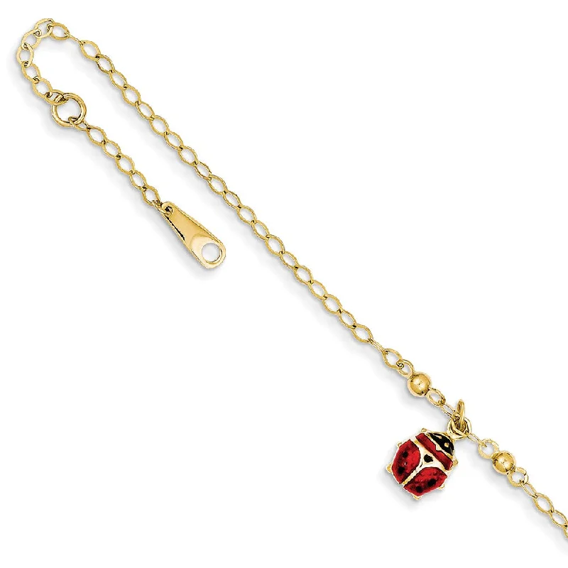 14k Yellow Gold Enameled Ladybug Anklet, 9-10 Inch