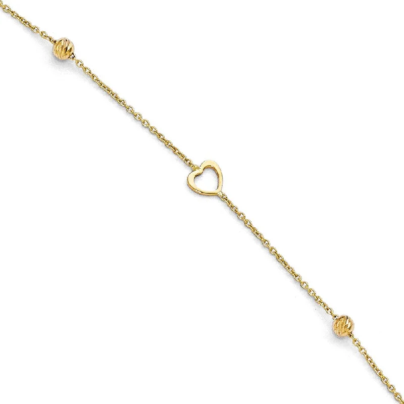 14k Yellow Gold Open Heart and Diamond-Cut Bead Anklet, 10-11 Inch