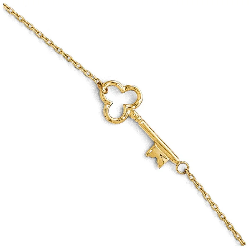 14k Yellow Gold Polished Shamrock Key Anklet, 9-10 Inch