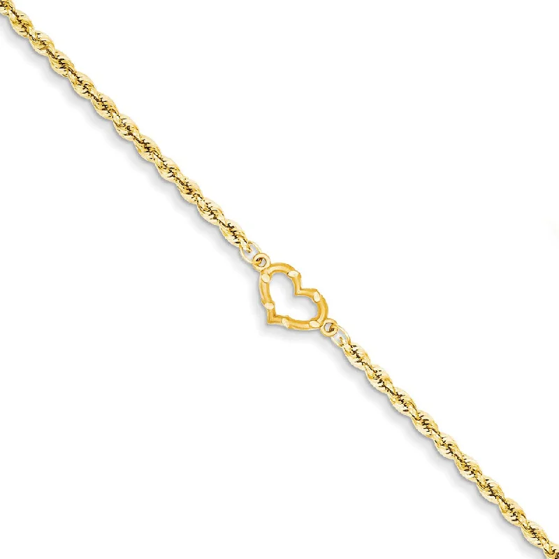 14k Yellow Gold Rope with Heart Anklet, 10 Inch