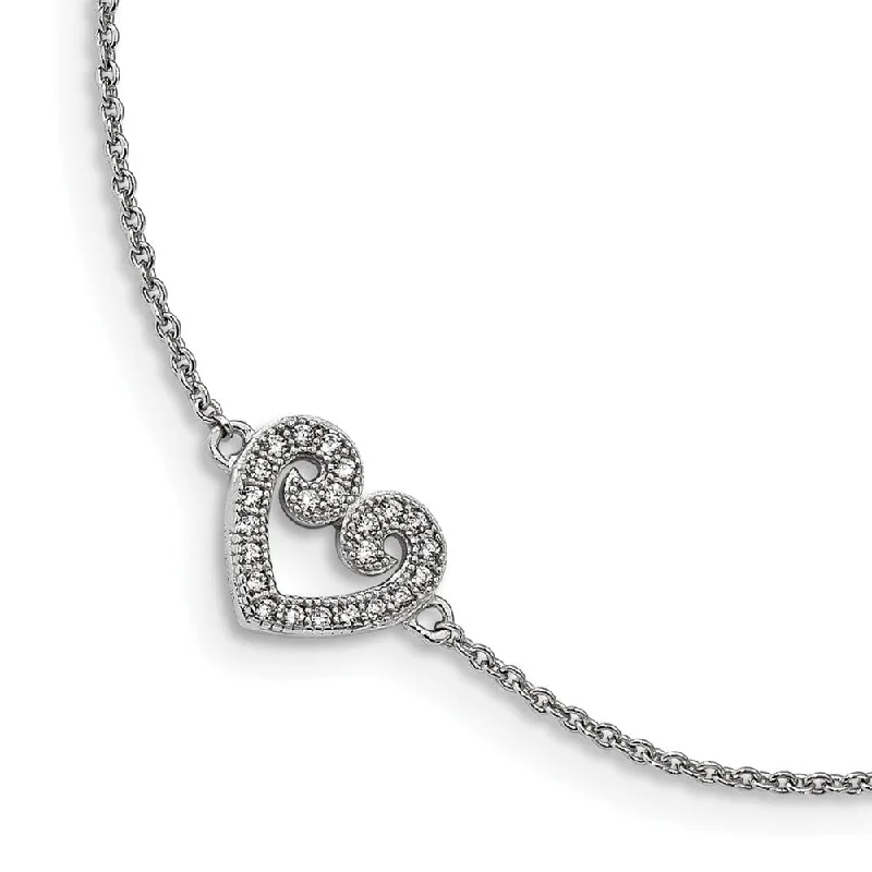 Customized Silver Jewelry For Unique Style Rhodium Plated Sterling Silver 10mm CZ Heart And Cable Anklet, 9-10 In