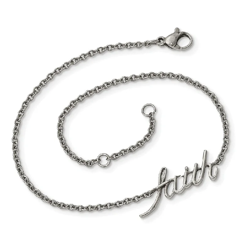 Premium Diamond Jewelry For Unforgettable Moments Stainless Steel FAITH Script Adjustable Anklet, 9-10 Inch