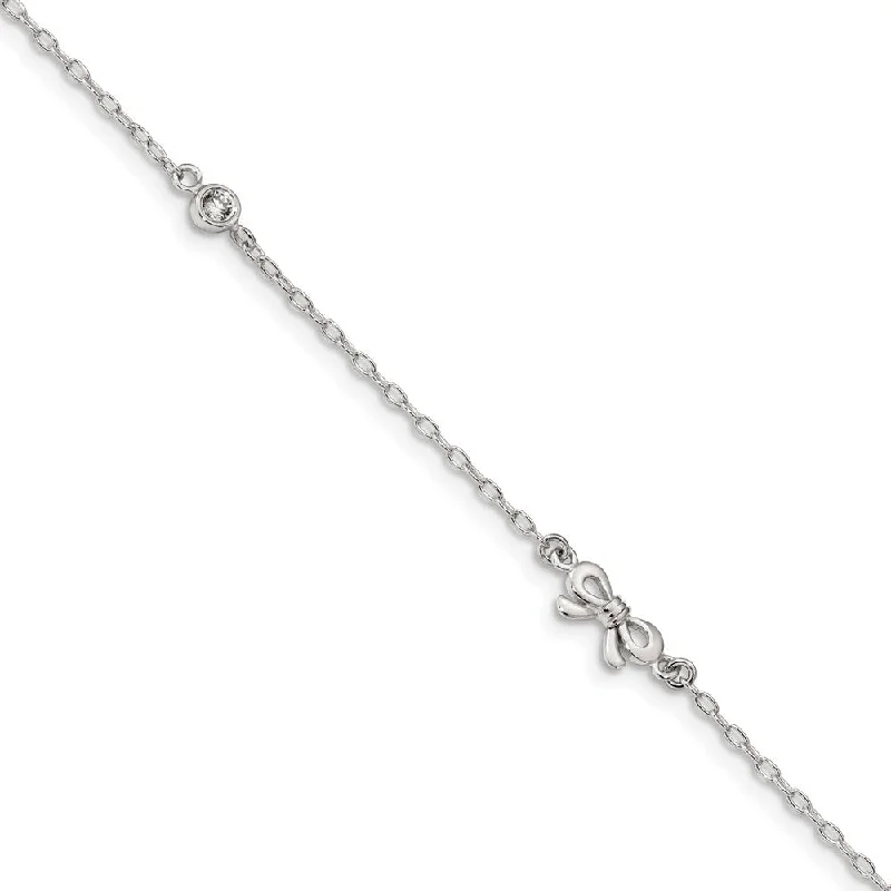 Unmissable Jewelry Clearance – Final Reductions Sterling Silver CZ Bow And 1.5mm Cable Chain Anklet, 9-10 Inch