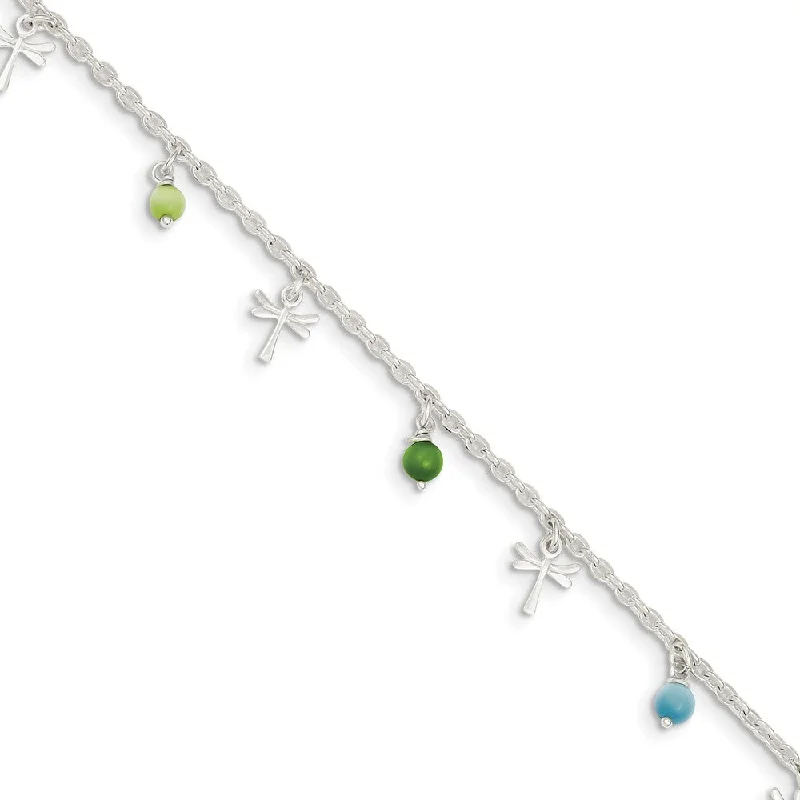 Glamorous Jewelry, Glamorous Deals – Shop Now Sterling Silver Dragonfly And Glass Beaded Anklet, 10 Inch