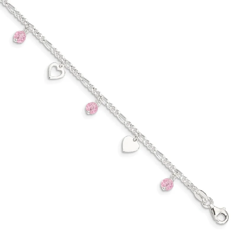 Jewelry Clearance – Final Chance To Save Big Sterling Silver Heart and Rose Glass Bead Adjustable Anklet, 9 Inch