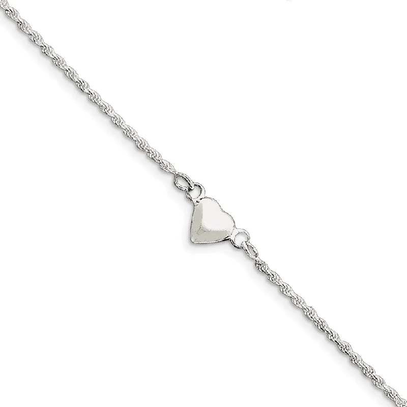 Trendy Minimalist Jewelry For Everyday Wear Sterling Silver Puffed Heart Rope Chain Anklet, 9 Inch