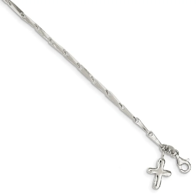 Best Jewelry Sale – Shop Exclusive Designs Now Sterling Silver Solid Cross and 3mm Fancy Bar Link Anklet
