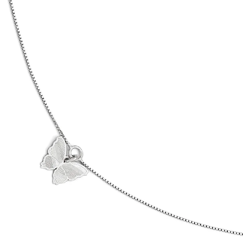 High-Quality Gemstone Jewelry For Special Occasions Sterling Silver Textured Butterfly and 1mm Box Chain Anklet, 9-10 Inch