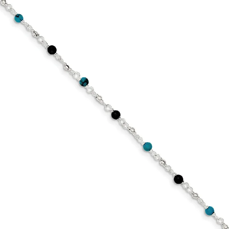 Huge Savings On Premium Jewelry Styles Sterling Silver Turquoise and Onyx, Beaded Anklet, 10 Inch