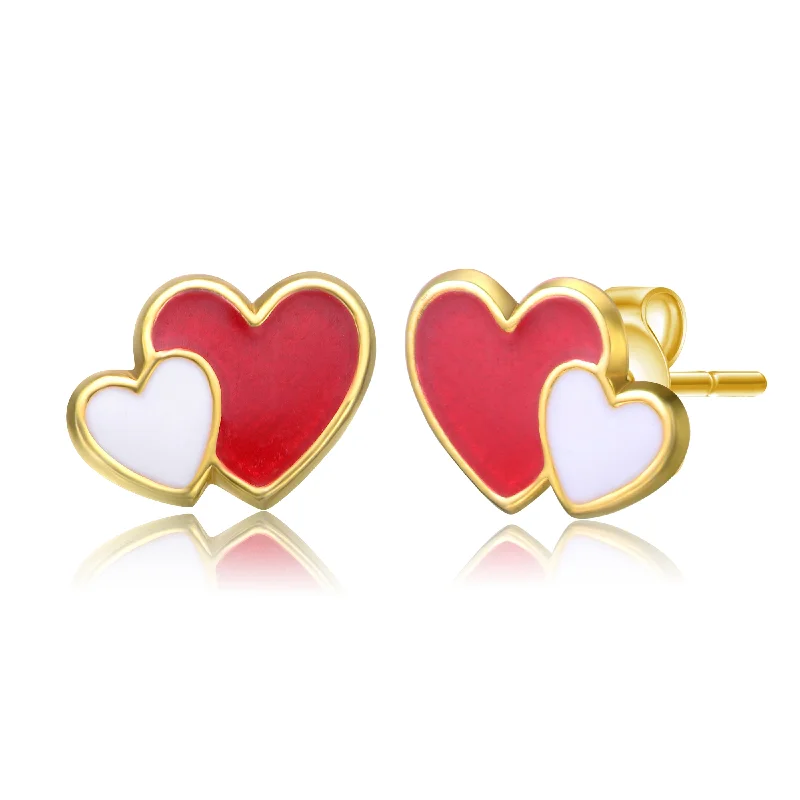 High-End Sparkle, Low-End Prices – Jewelry Sale Live 14k Gold Plated Red & White Enamel Double Heart Stud Earrings