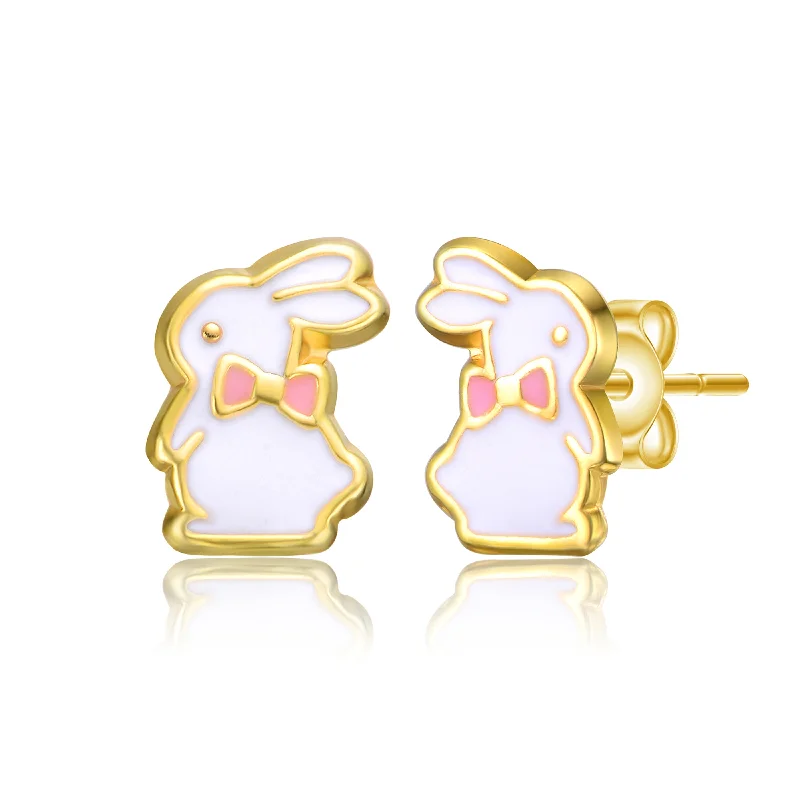 The Ultimate Jewelry Sale – Shop Premium Styles 14k Gold Plated White Enamel & Pink Bow Tie Bunny Rabbit Stud Earrings