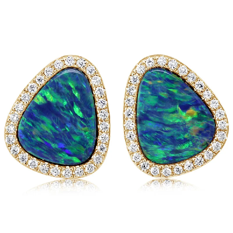 Breathtaking Jewelry At Limited-Time Savings 14K Yellow Gold Australian Opal Doublet/Diamond Earrings