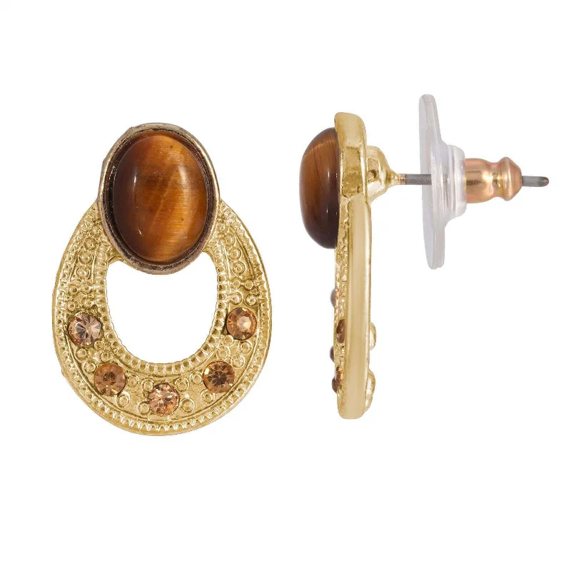 Don't Miss Out On Bestselling Jewelry At Special Prices 1928 Jewelry Topaz Crystal and Brown Cat's Eye Hoop Earrings