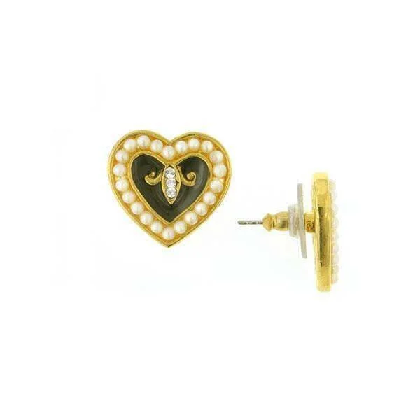 Romantic Heart-Shaped Jewelry For Special Gifts Antiquities Couture Black Enamel With Faux Pearl Crystal Hearts Post Earrings