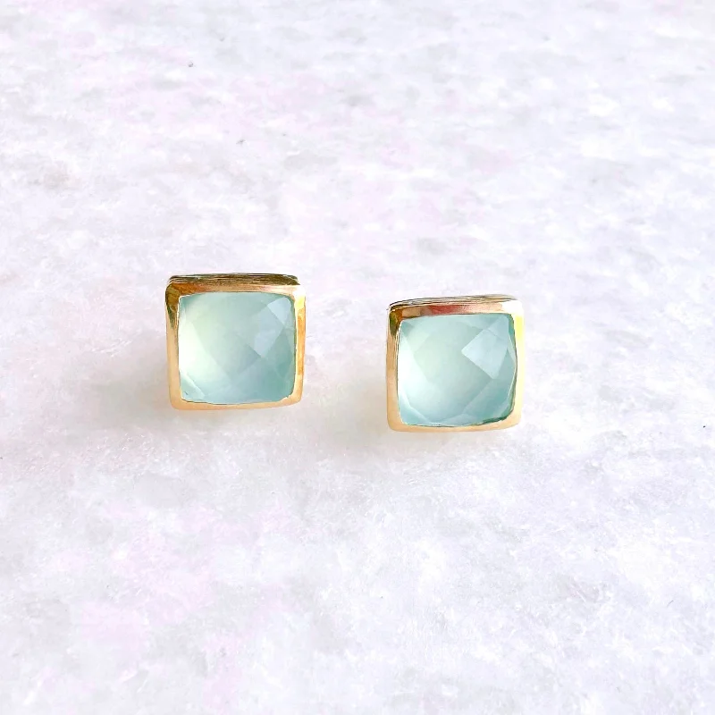 Your Perfect Accessory At The Perfect Price Square Gold Stone Stud Earrings: Aqua blue chalcedony