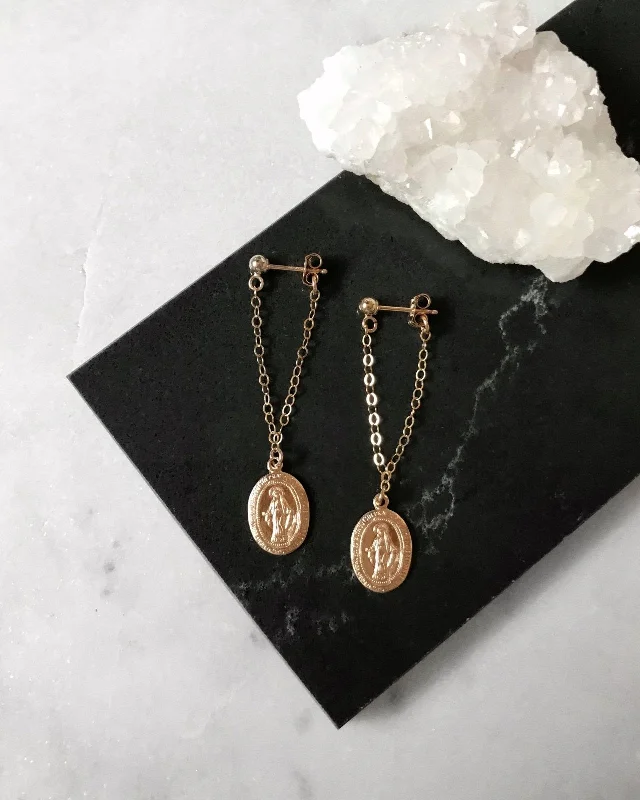 Premium Jewelry Now Available At Special Discounts Miraculous Medal Long Chain Stud Earrings - 14k Yellow Gold Fill