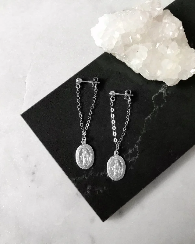 Sparkle More For Less – Jewelry Sale Happening Now Miraculous Medal Long Chain Stud Earrings - Sterling Silver