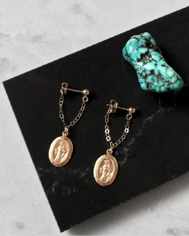 The Perfect Jewelry Piece At The Perfect Price Miraculous Medal Short Chain Stud Earrings  - 14k Yellow Gold Fill