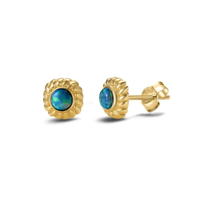 Affordable Glamour – Must-Have Jewelry At Special Rates Natural Fire Blue Opal 18K Solid Yellow Gold Small Stud Earrings