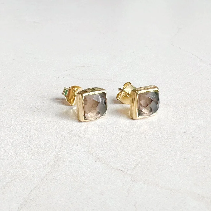 Best-Selling Jewelry Styles Now At Exclusive Discounts Square Gold Gemstone Stud Earrings: Smoky Quartz