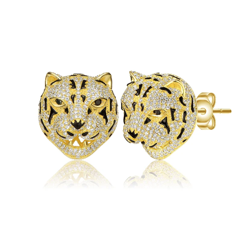 Beautiful Jewelry, Breathtaking Discounts – Hurry In 14k Yellow Gold Plated with Cubic Zirconia Leopard Head Stud Earrings in Sterling Silver