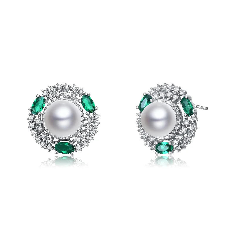 Sparkle For Less – Shop Our Limited-Time Jewelry Deals Sterling Silver Pearl Emerald Cubic Zirconia and Rhodium Plating Stud Earrings