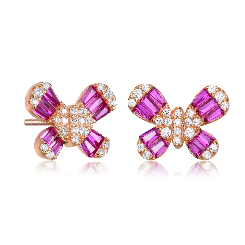 Holiday Jewelry Sale – Perfect Gifts At Great Prices Sterling Silver with Rose Gold Plated nBaguette and Round Cubic Zirconia Butterfly Stud Earrings