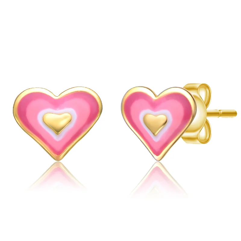 Stunning Jewelry At Even More Stunning Prices Toddler/Kids 14K Gold Plated Pink & White Enamel Heart Stud Earrings