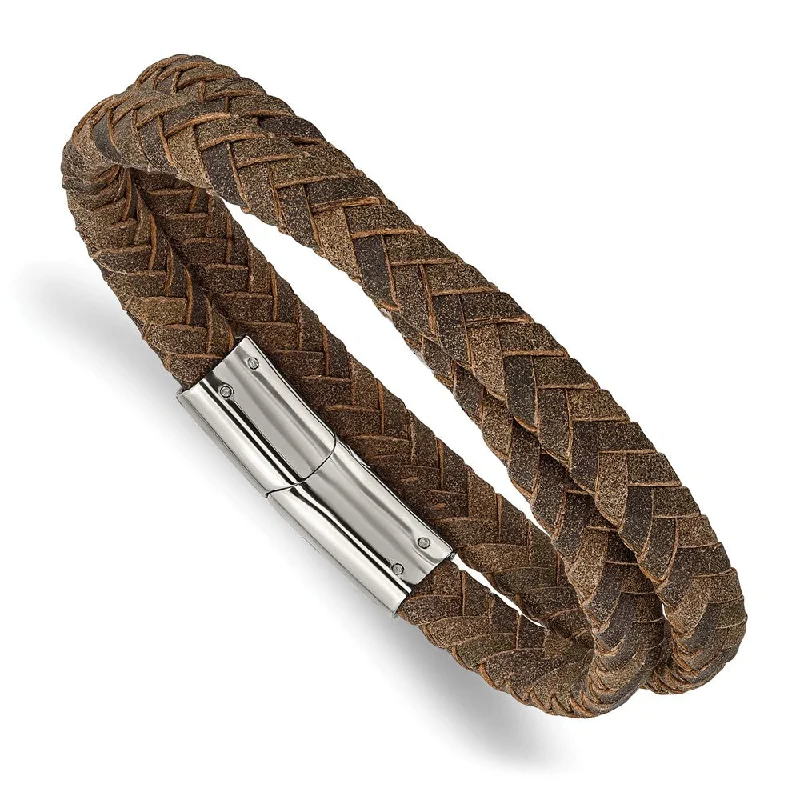 Beautiful Jewelry, Breathtaking Discounts – Hurry In 7mm Stainless Steel & Brown Leather Wrap Bracelet, 14.75 Inch