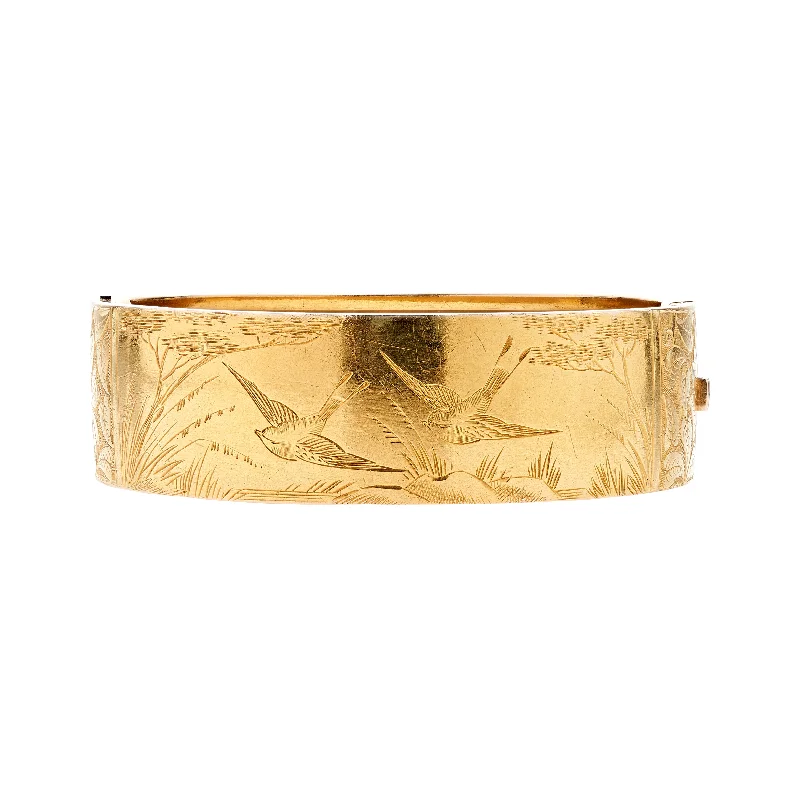 Shop Modern Jewelry Collections With Exclusive Discounts Antique Aesthetic Movement 15k Engraved w/ Birds Bangle