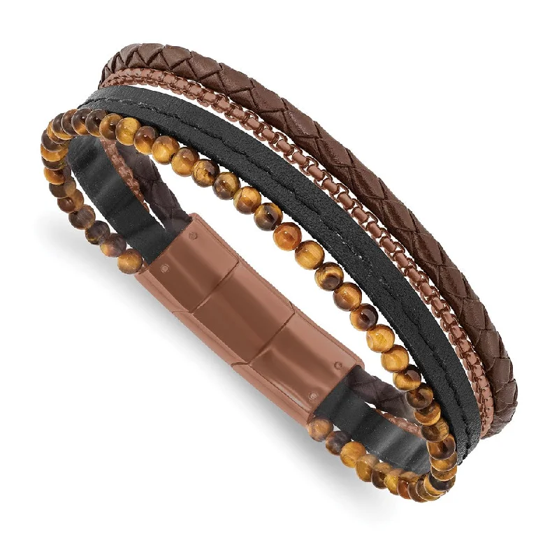 Final Call – Shop Exquisite Jewelry Before It's Gone Brown Plated Stainless Steel, Tiger Eye, Leather Bracelet, 7.5-8 Inch