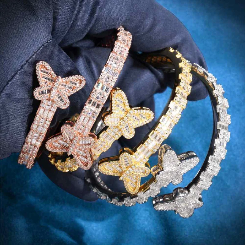 Discounted Jewelry For A Glamorous Look Butterfly Baguette Moissanite Bangle Bracelet 14K Gold