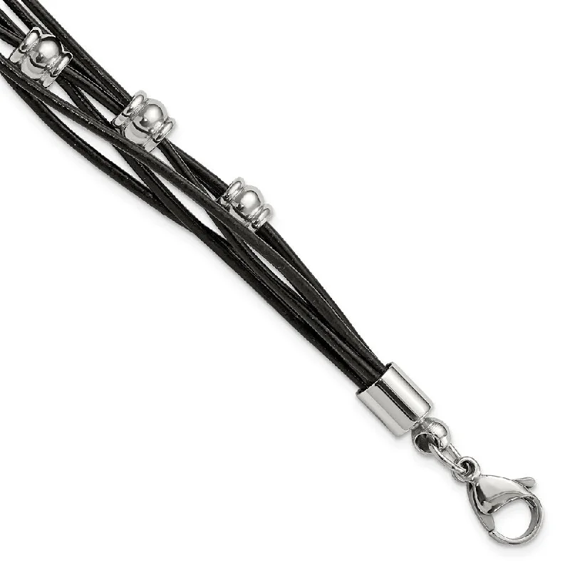 Dazzle In Elegance With Our Biggest Jewelry Sale Multi Strand Black Leather Stainless Steel Bead Bracelet, 7.5 Inch