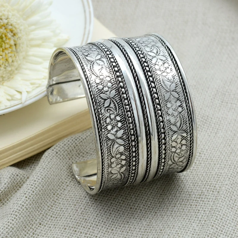 Everyday Jewelry Essentials Now On Sale Raksha Floral Embossed Silver Oxidized Bracelet Cuff