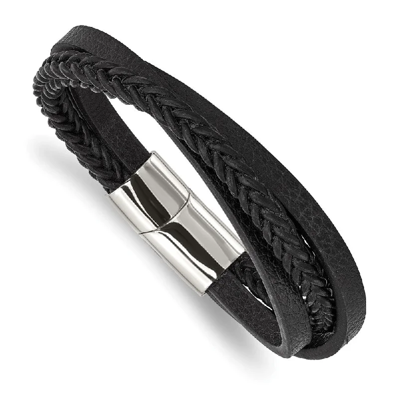 Chic And Stylish Jewelry At Discounted Prices Stainless Steel & Black Leather Multi Strand Bracelet, 8.25 Inch