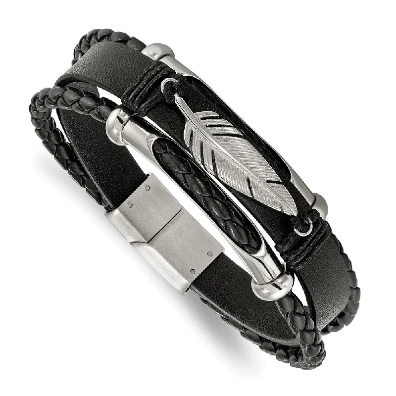 Jewelry Flash Sale – Stylish Designs At Unbeatable Rates Stainless Steel Black Leather Multi Strand Feather Bracelet, 8.25 Inch