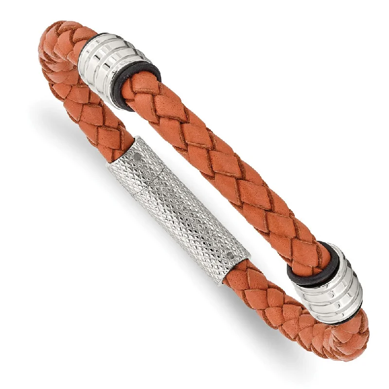 Sparkle For Less – Shop Jewelry Deals Now Stainless Steel & Orange Leather Braided Bead Bracelet, 8.25 Inch