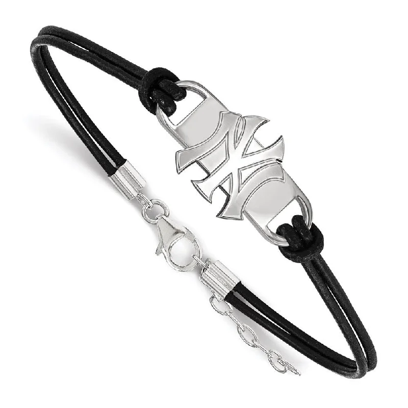 Don't Miss Out – Shop Elegant Jewelry For Less Sterling Silver Rhod-Plated MLB N.Y. Yankees Leather Bracelet, 7 Inch