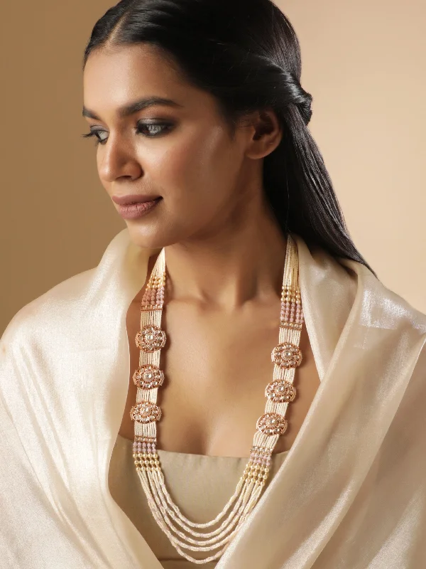 Affordable Glamour – Premium Jewelry For Less Rubans 18K Gold toned AD & Kundan Studded cream pearl long necklace set